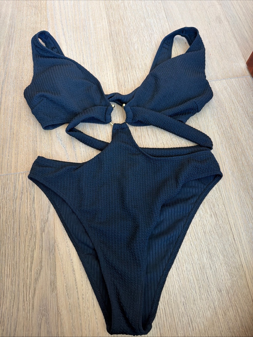 Black Textured One-Piece Swimsuit with Front Ring